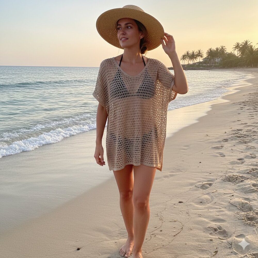 Boho Chic Crochet Knit V-Neck Beach Cover-Up